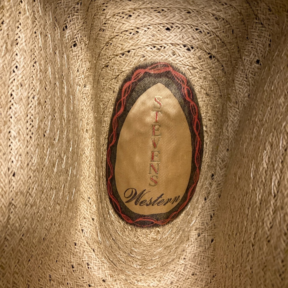 Stevens Western Beige Straw Cowboy Hat Brown Band. Name written on inside - Picture 3 of 4
